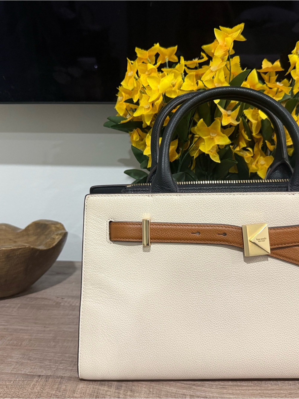 kate spade Cream Satchel with Tan Accent and Black Handles